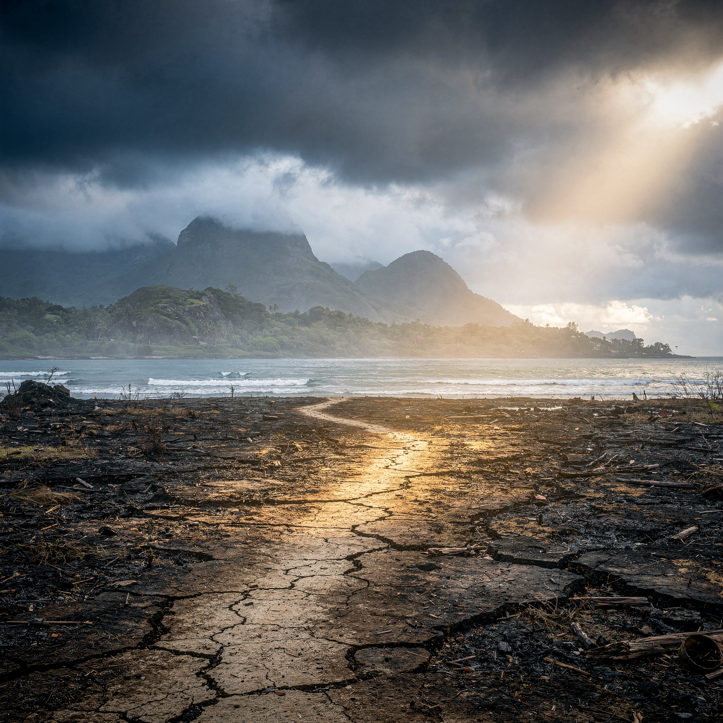 Chemin de terre éclairé par le soleil entre une terre brûlée et un lagon, montagnes calédoniennes au loin sous un ciel d'orage
